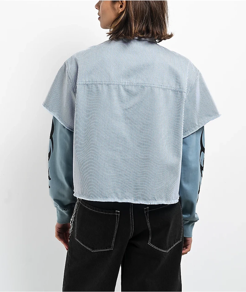 Broken Promises Liberty Blue & White 2fer Long Sleeve Crop Shirt