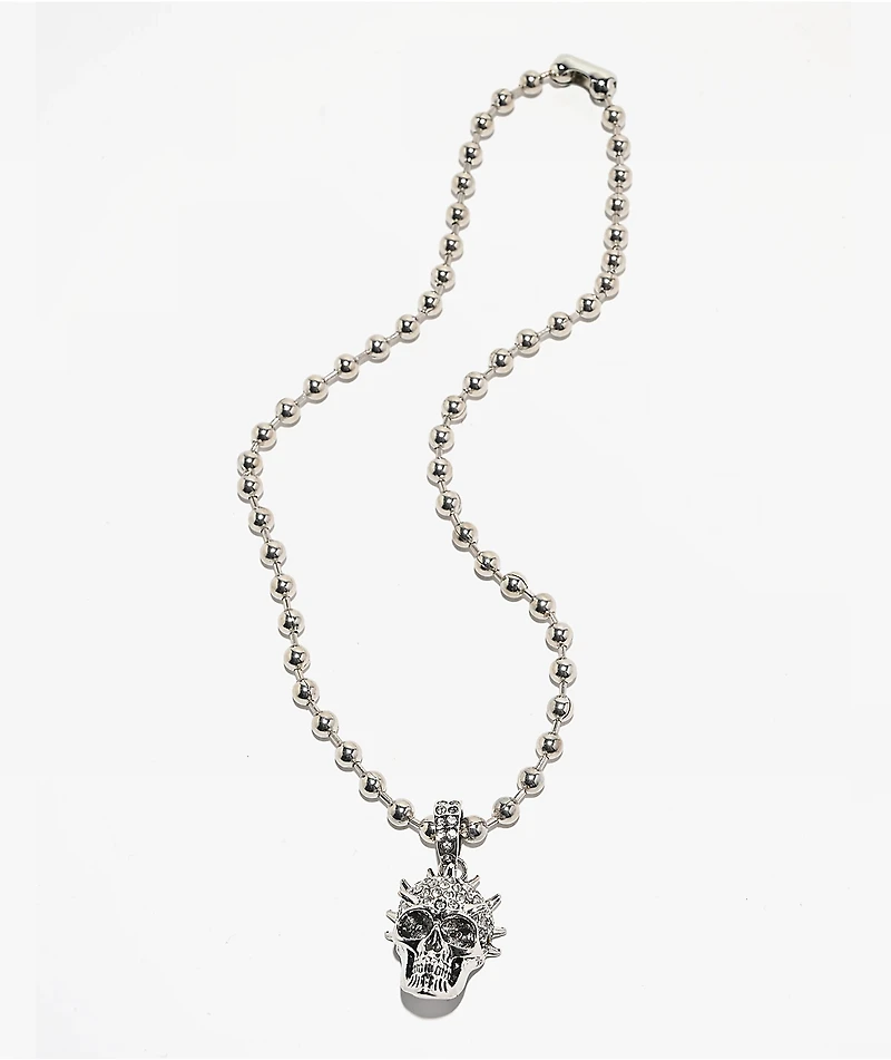 Broken Promises Liberty Spike Skull Rhinestone 18" Silver Bead Necklace