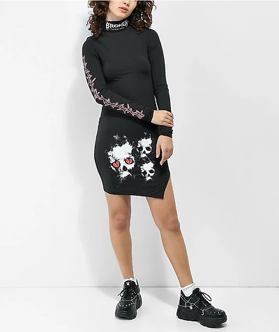 Broken Promises Mania Slit Black Long Sleeve Dress