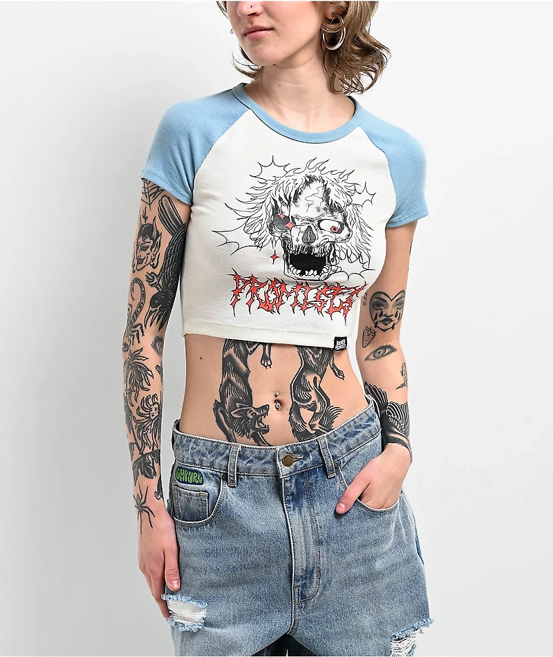 Broken Promises Manic Natural & Pastel Blue Raglan Crop T-Shirt