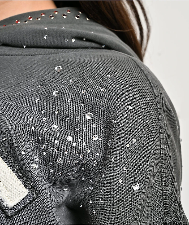Broken Promises Momentum Rhinestone Grey Wash Zip Hoodie