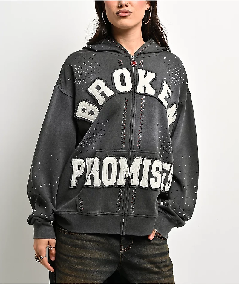 Broken Promises Momentum Rhinestone Grey Wash Zip Hoodie