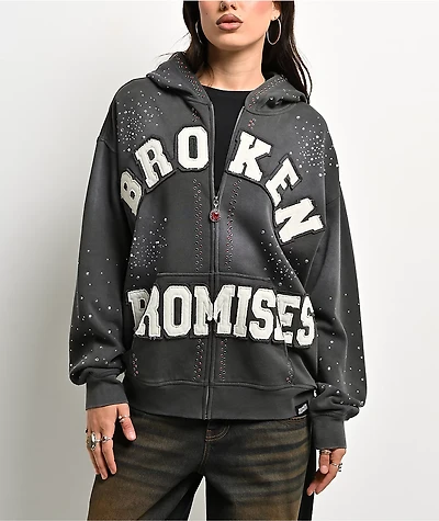 Broken Promises Momentum Rhinestone Grey Wash Zip Hoodie
