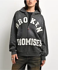 Broken Promises Momentum Rhinestone Grey Wash Zip Hoodie