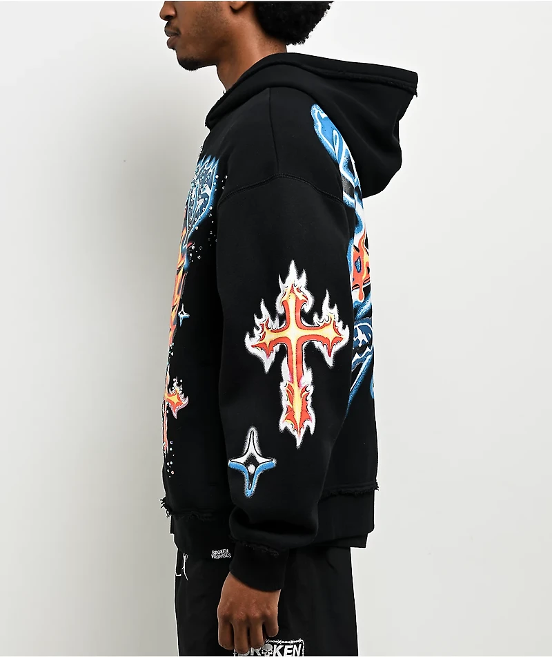 Broken Promises Numskull Rhinestone Black Zip Hoodie