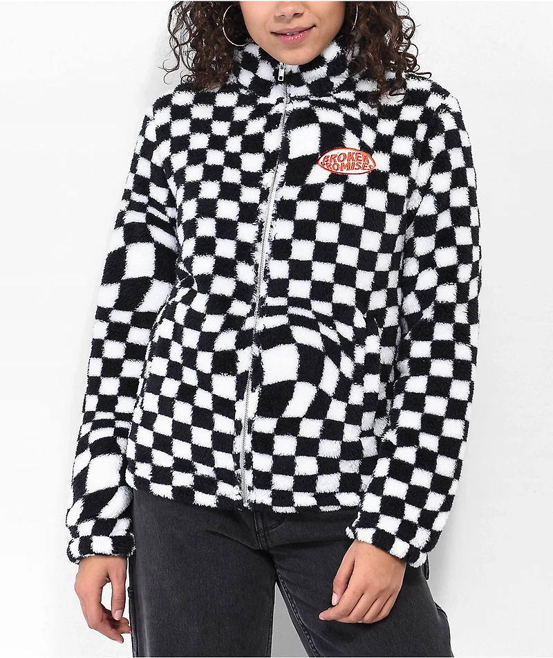 Broken Promises On My Own Black & White Checkered Sherpa Fleece Jacket