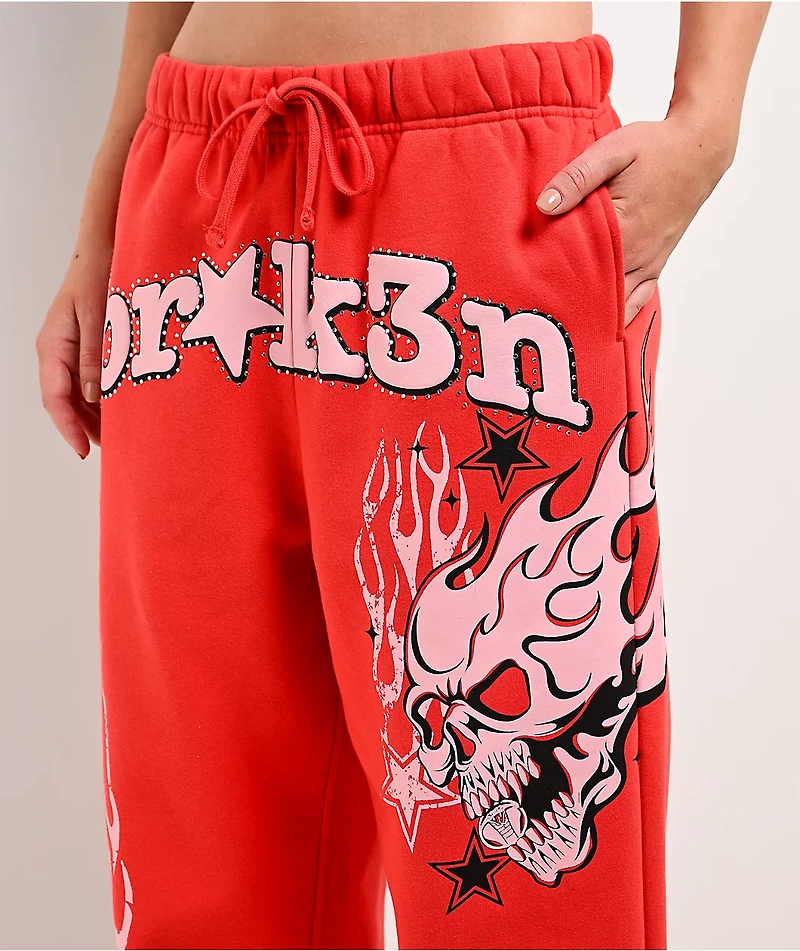 Broken Promises Shooting Star Rhinestone Red Sweatpants