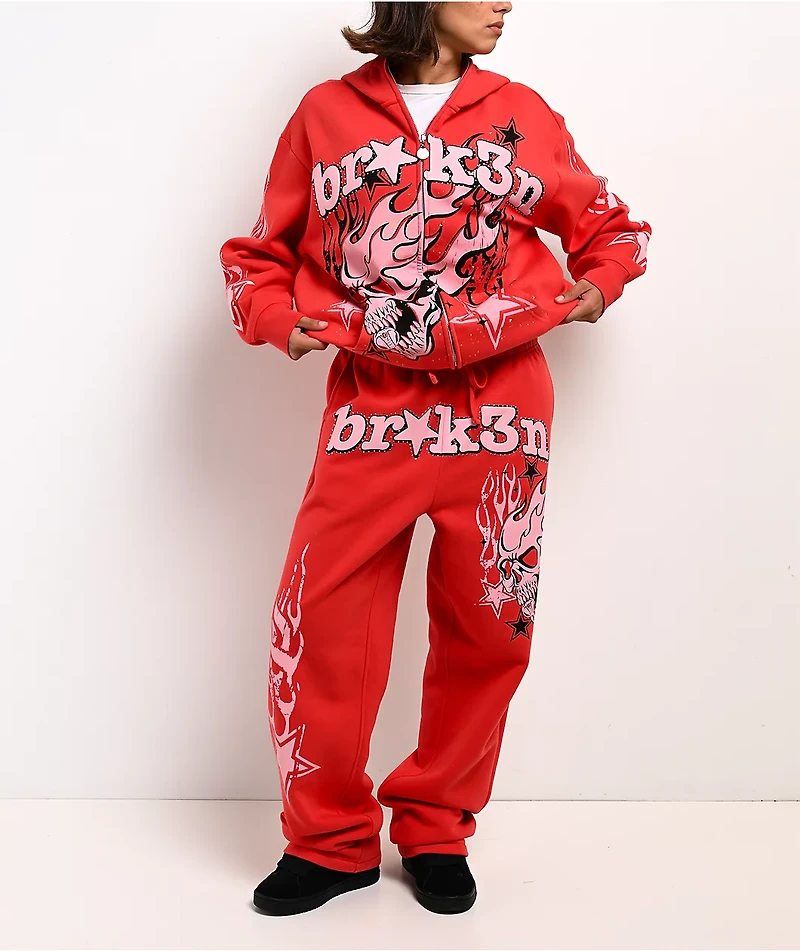 Broken Promises Shooting Star Rhinestone Red Sweatpants