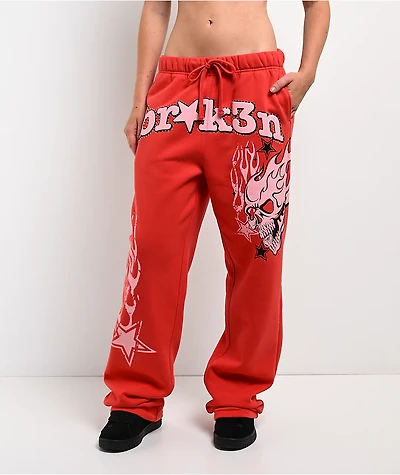 Broken Promises Shooting Star Rhinestone Red Sweatpants