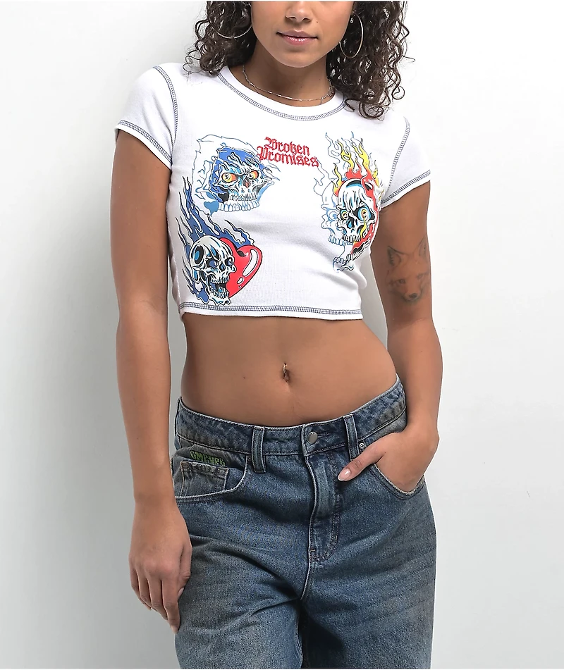 Broken Promises Skelephobia White Ribbed Crop T-Shirt