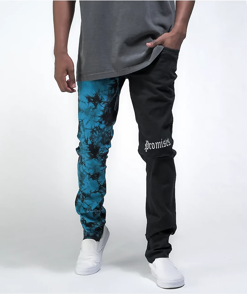 Broken Promises Slogan Split Dye Blue & Black Denim Jeans