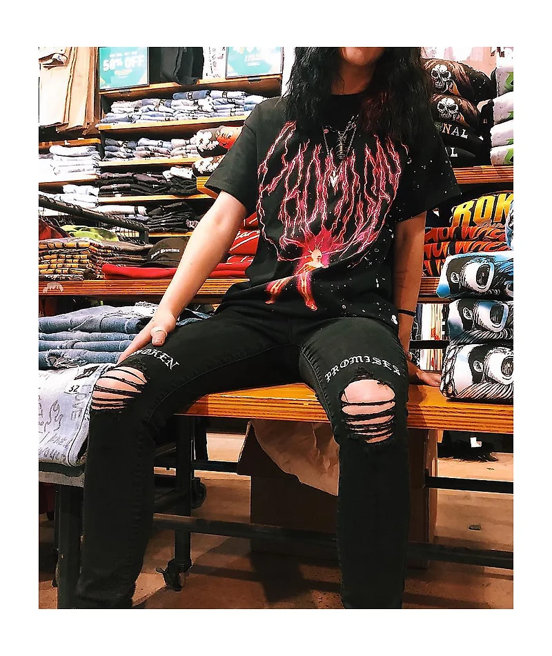Broken Promises Stitch & Rip Black Denim Skinny Jeans