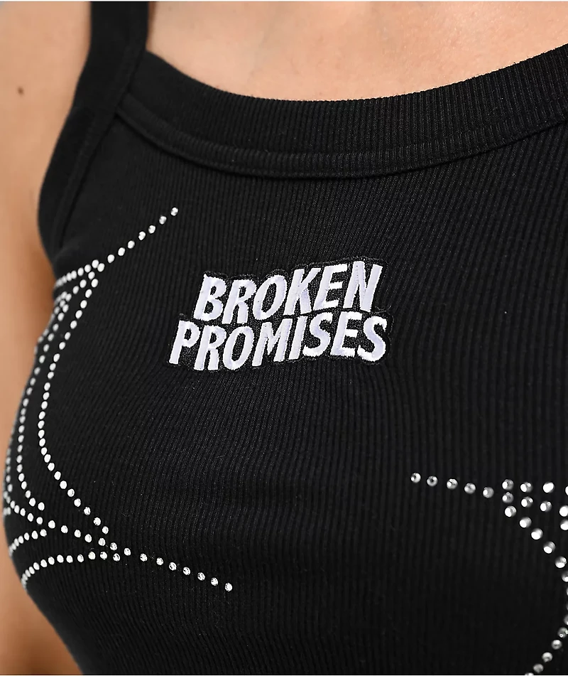 Broken Promises Stoned Web Rhinestone Black Crop Tank Top