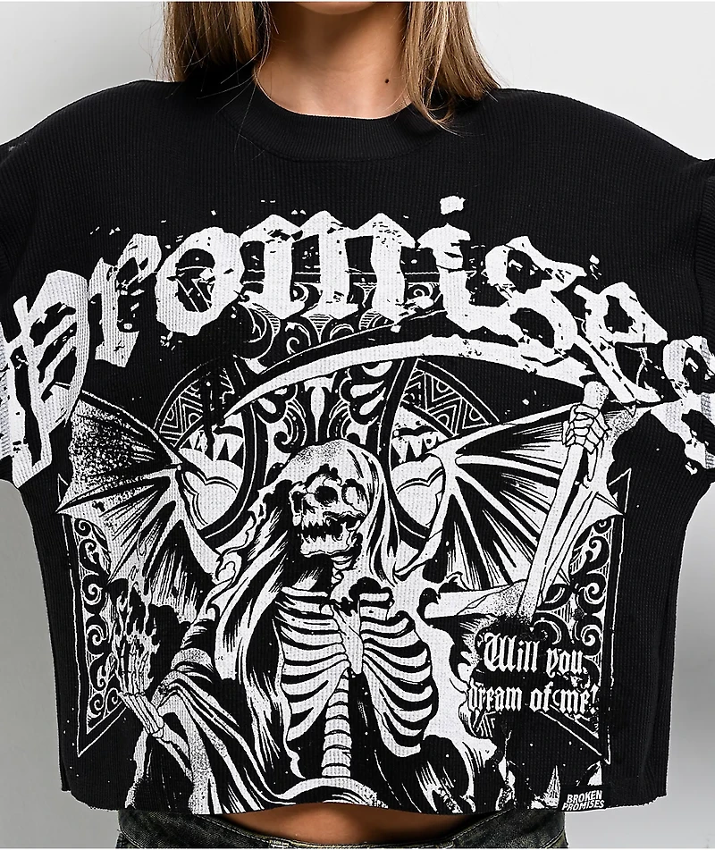 Broken Promises Thrash Black Thermal Long Sleeve Boxy Crop T-Shirt