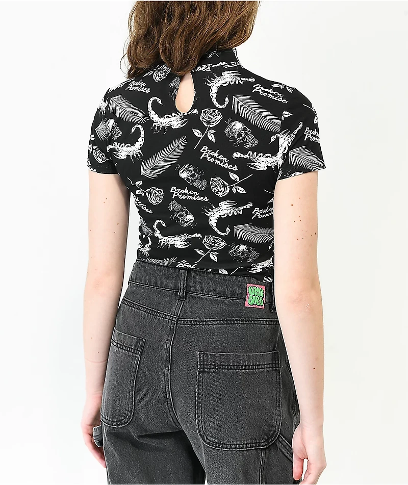 Broken Promises Tropic Disaster Black Mock Neck Crop T-Shirt