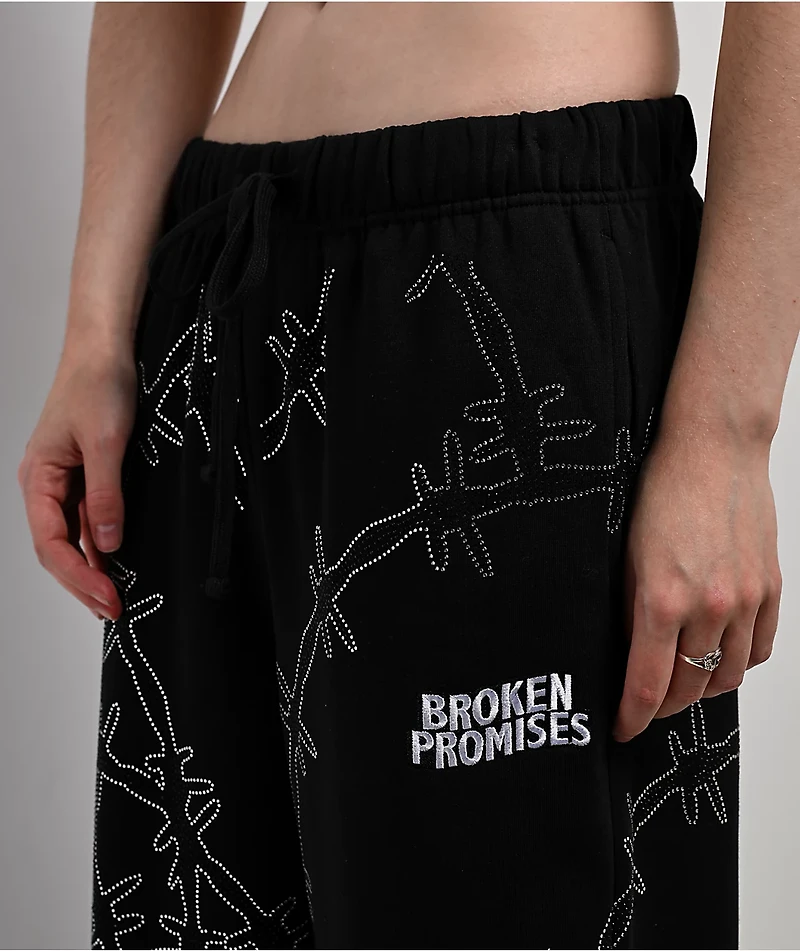 Broken Promises Ultrawire Rhinestone Black Wide Leg Sweatpants