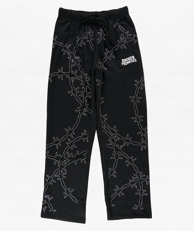 Broken Promises Ultrawire Rhinestone Black Wide Leg Sweatpants