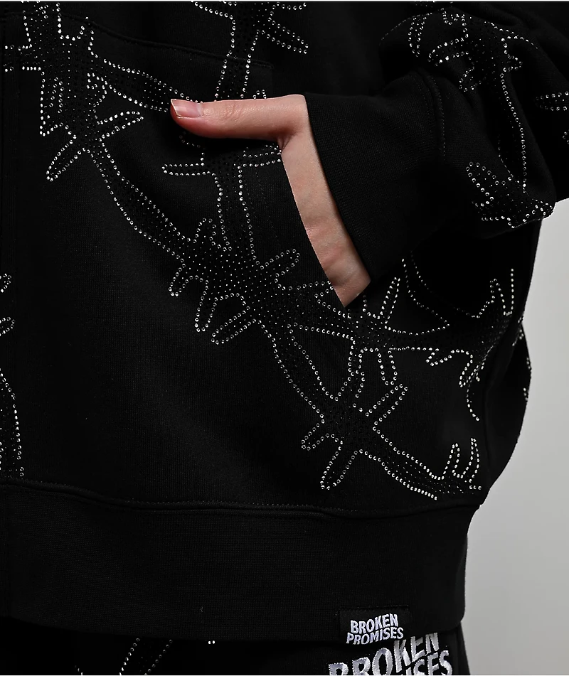 Broken Promises Ultrawire Rhinestone Black Zip Hoodie