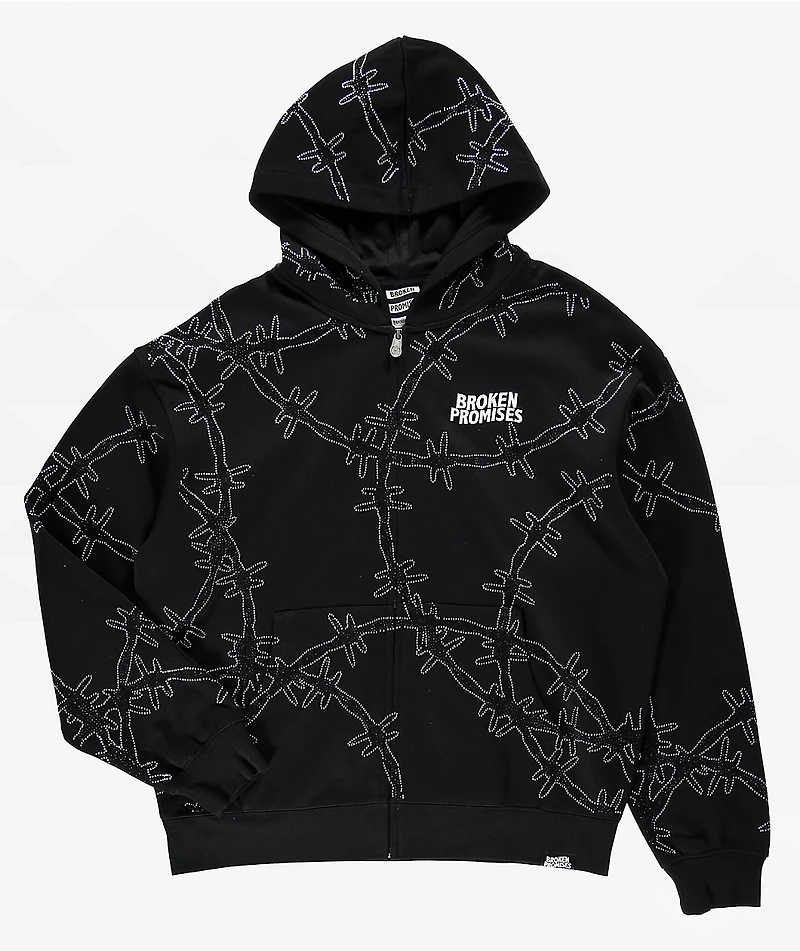 Broken Promises Ultrawire Rhinestone Black Zip Hoodie