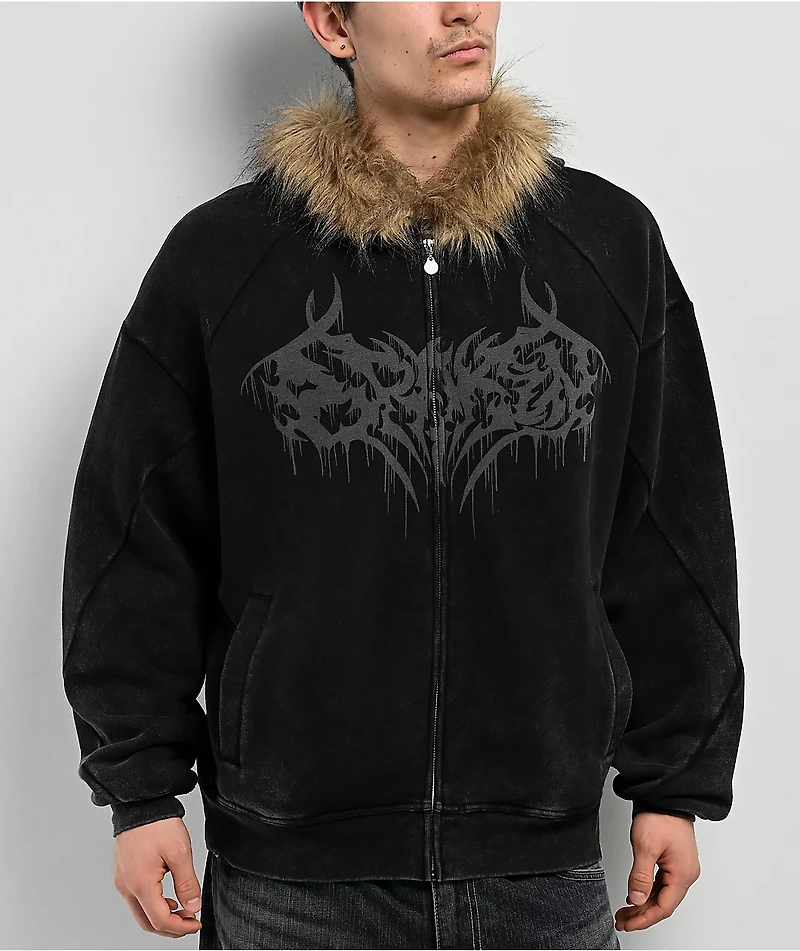 Broken Promises Unruly Black Wash Fur Zip Hoodie