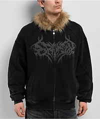 Broken Promises Unruly Black Wash Fur Zip Hoodie