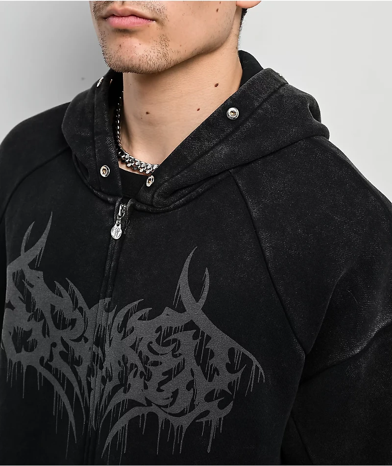 Broken Promises Unruly Black Wash Fur Zip Hoodie