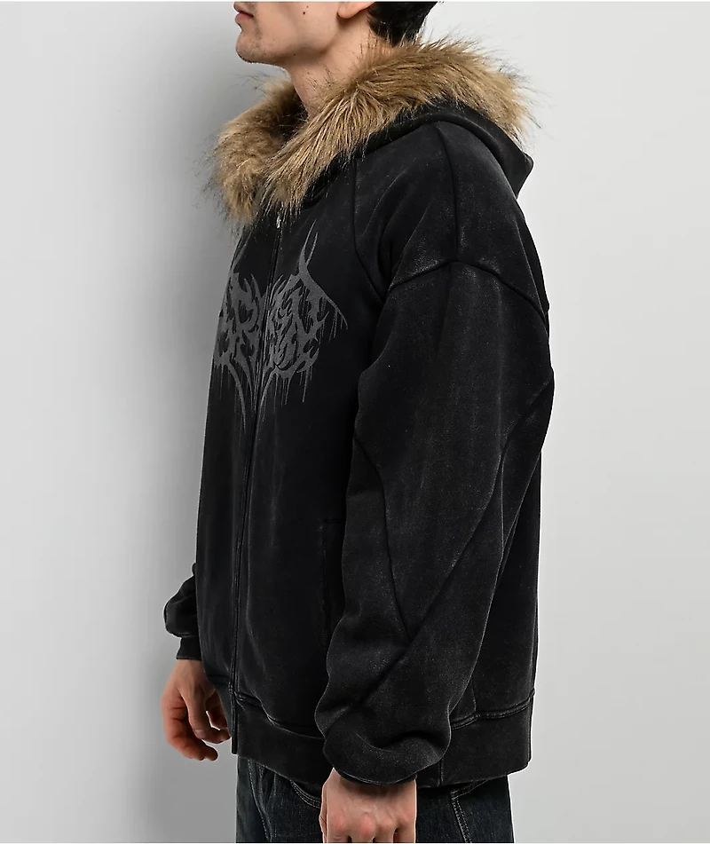 Broken Promises Unruly Black Wash Fur Zip Hoodie