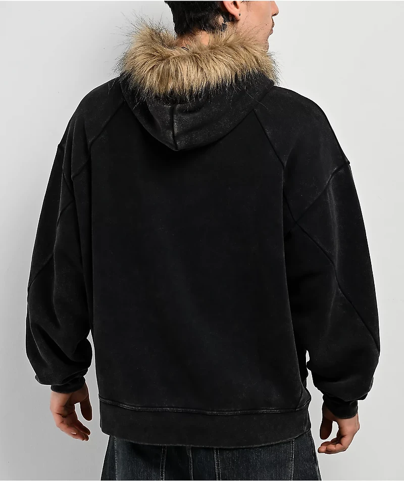 Broken Promises Unruly Black Wash Fur Zip Hoodie