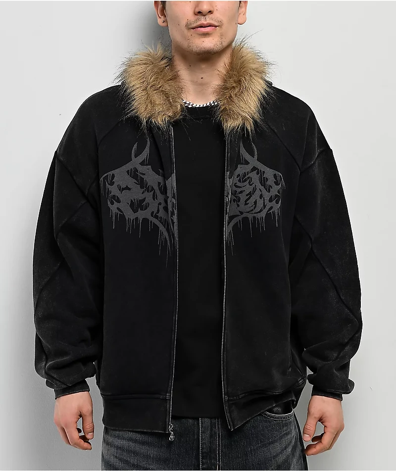 Broken Promises Unruly Black Wash Fur Zip Hoodie