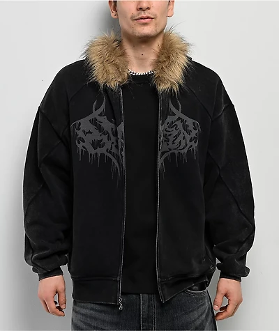 Broken Promises Unruly Black Wash Fur Zip Hoodie
