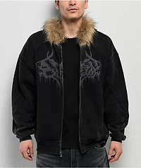 Broken Promises Unruly Black Wash Fur Zip Hoodie