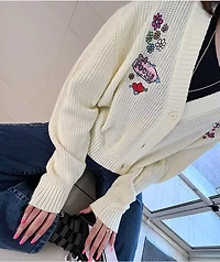 Broken Promises x Happy Bunny Focus On Me Cardigan Ivory Crop Sweater