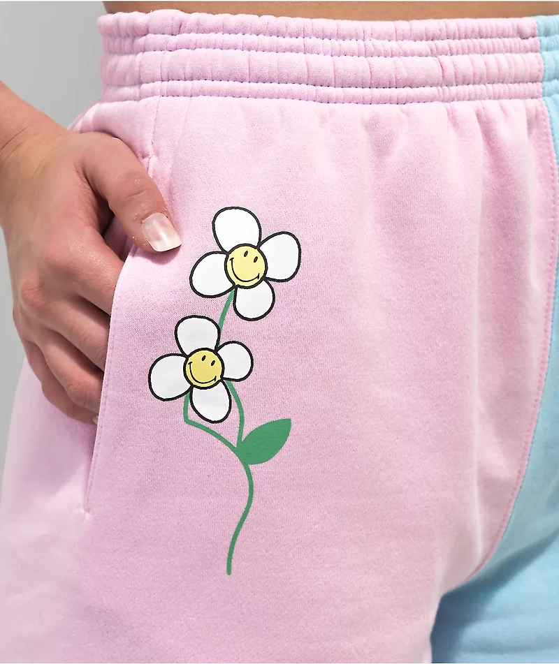 By Samii Ryan Smiley Never Stop Pink & Blue Split Sweat Shorts