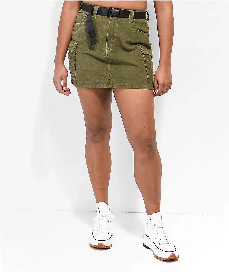 Cali 1850 Olive Corduroy Belted Mini Skirt
