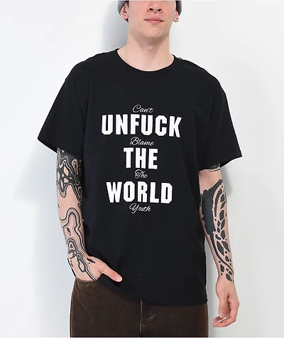 Can't Blame The Youth Unfuck World Stacked Black T-Shirt