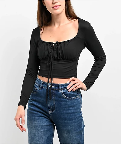 Capella Front Tie Black Long Sleeve Crop Top