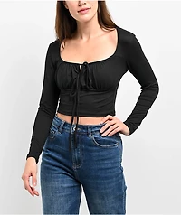 Capella Front Tie Black Long Sleeve Crop Top