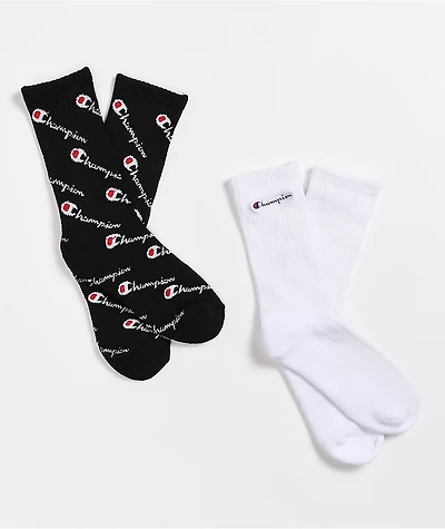 Champion Boys All Over Print Black 2 Pack Crew Socks