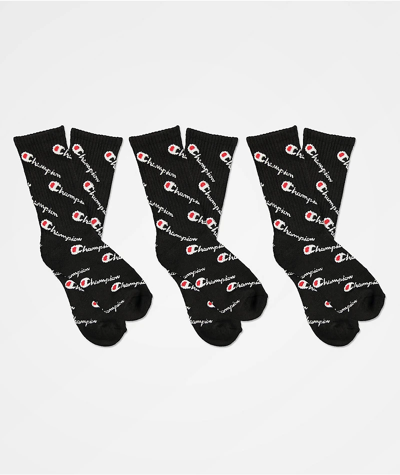 Champion Kids Allover Print Black 3 Pack Crew Socks