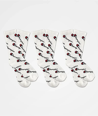 Champion Kids Allover Print White 3 Pack Crew Socks