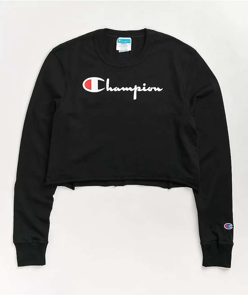 Champion Logo Script Black Crop Long Sleeve T-Shirt