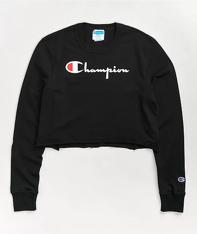 Champion Logo Script Black Crop Long Sleeve T-Shirt