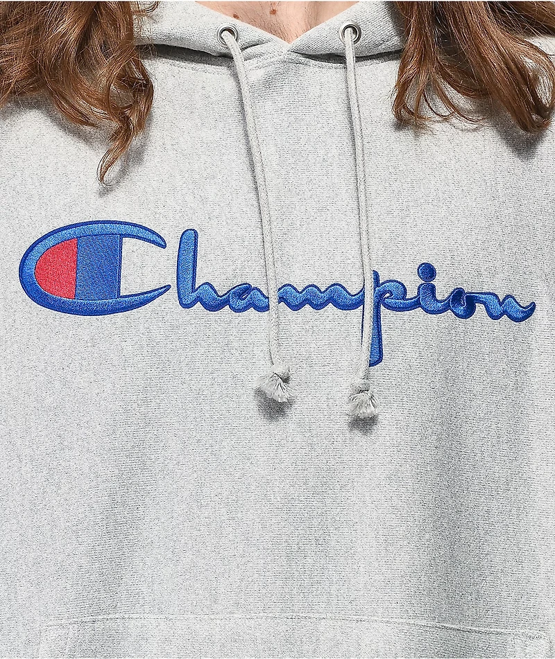 Champion Reverse Weave Logo Script Grey Hoodie