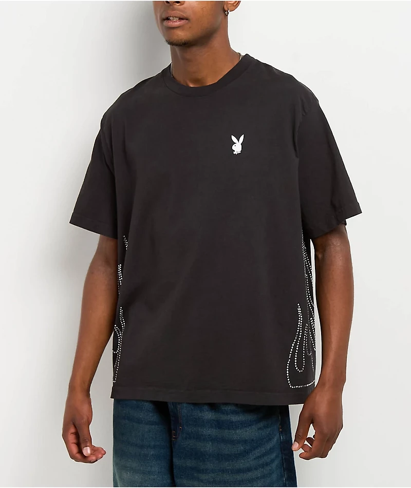 Color Bars x Playboy Rhinestone Flames Black T-Shirt