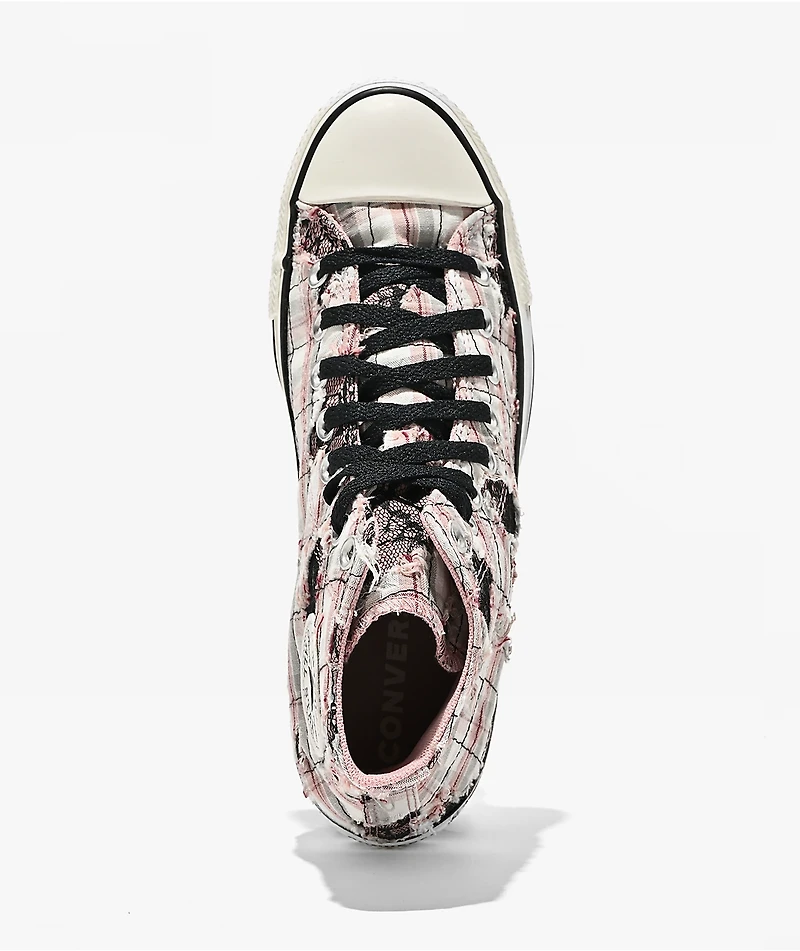 Converse Chuck Taylor All Star Distressed Pink Plaid & Black Lace High Top Shoes