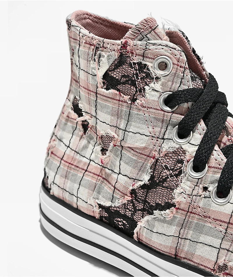 Converse Chuck Taylor All Star Distressed Pink Plaid & Black Lace High Top Shoes