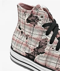 Converse Chuck Taylor All Star Distressed Pink Plaid & Black Lace High Top Shoes