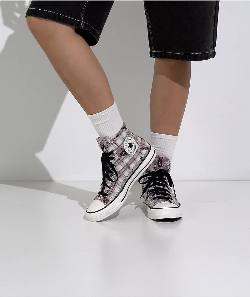 Converse Chuck Taylor All Star Distressed Pink Plaid & Black Lace High Top Shoes