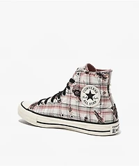 Converse Chuck Taylor All Star Distressed Pink Plaid & Black Lace High Top Shoes