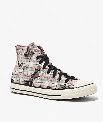 Converse Chuck Taylor All Star Distressed Pink Plaid & Black Lace High Top Shoes